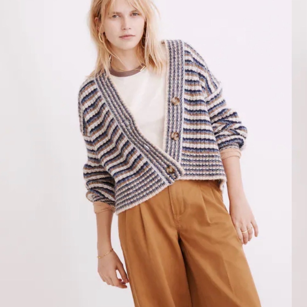 Madewell Waller Crop Cardigan Sweater Stripe Fuzzy Chunky Wool Blend XS - Picture 2 of 10